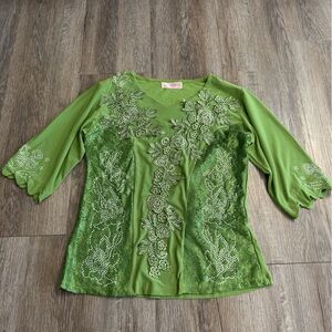 Y2K Asha Collection Green Lace Rhinestone Top Fairycore Glam